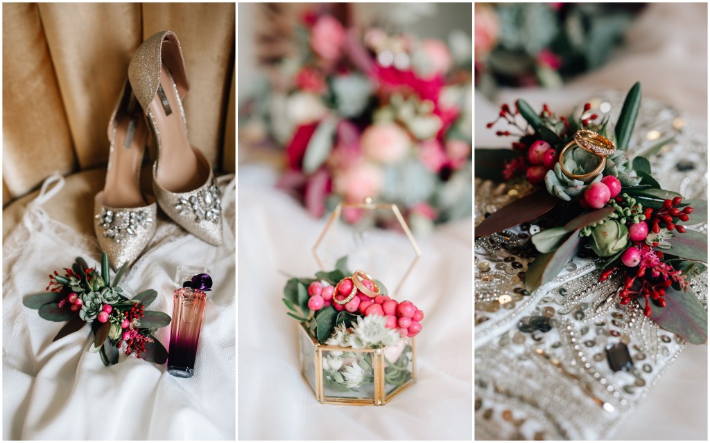 Fotocollage mit verschiedenen Stilleben aus Brautaccessoires